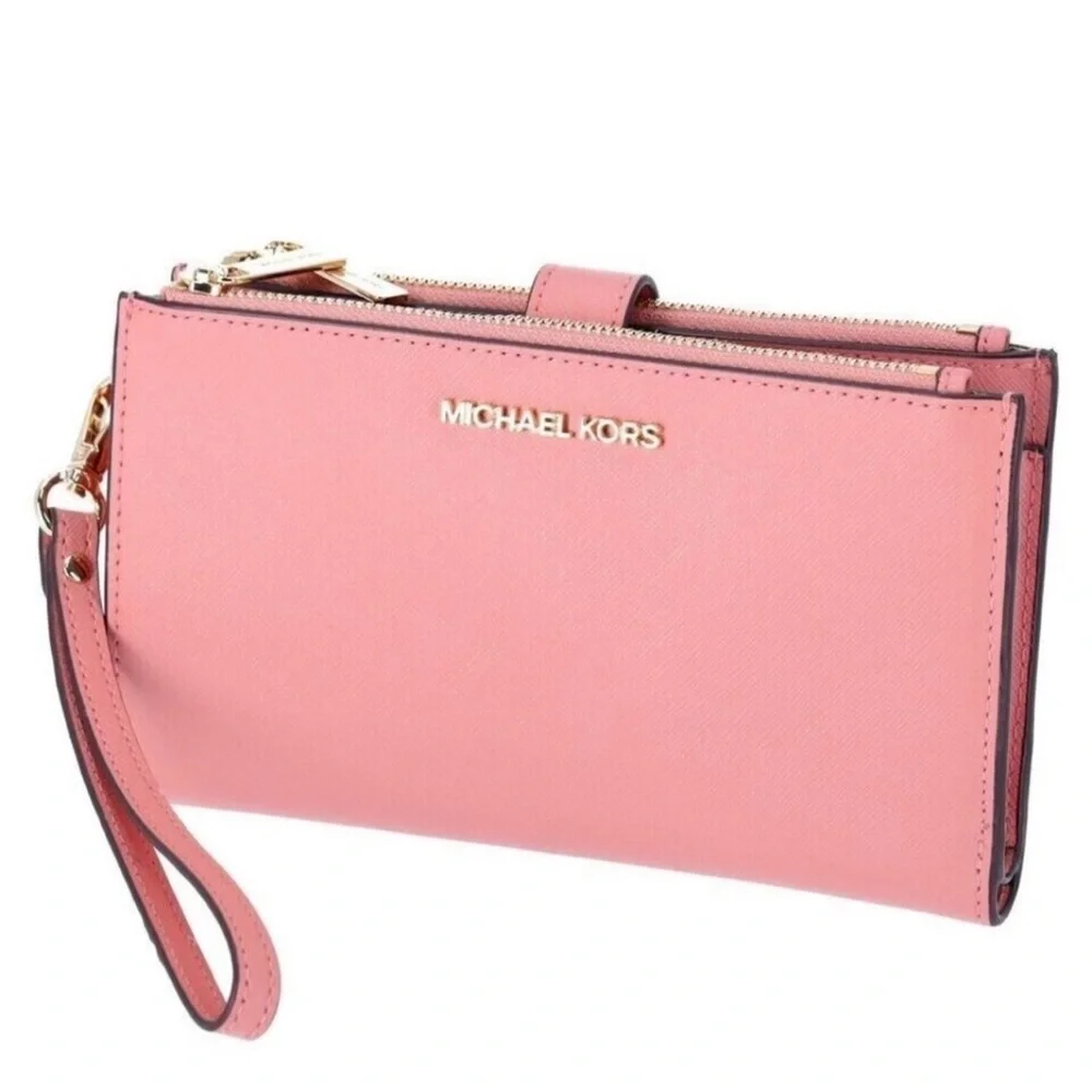 New Michael Kors Jet Set Travel Double Zip Wristlet Wallet Leather Primrose - Picture 5 of 9